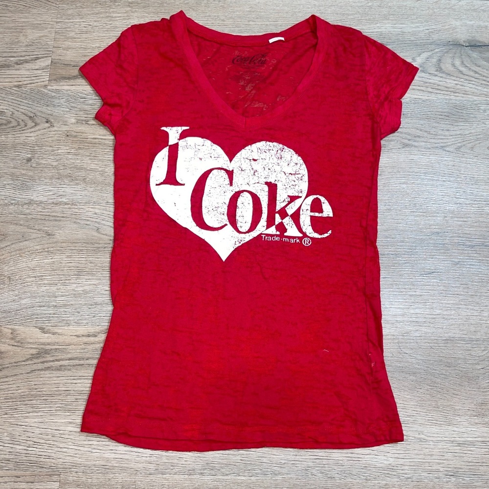 Coca Cola Womens Red Burnout Graphic V-Neck T-Shirt I Heart Coke Size M